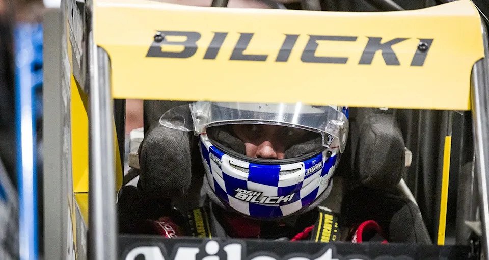 Josh Bilicki waits for the start of the G Mains during the 2025 Chili Bowl Nationals presented by NOS Energy Drink at the Tulsa Expo Raceway in Tulsa, Oklahoma on January 18, 2025. (Shane Bevel/NASCAR)