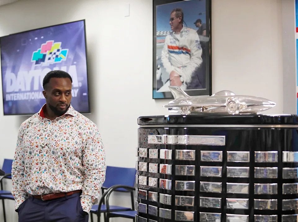 Big E poses in front of the Harley J. Early Trophy this morning before the Daytona 500.
