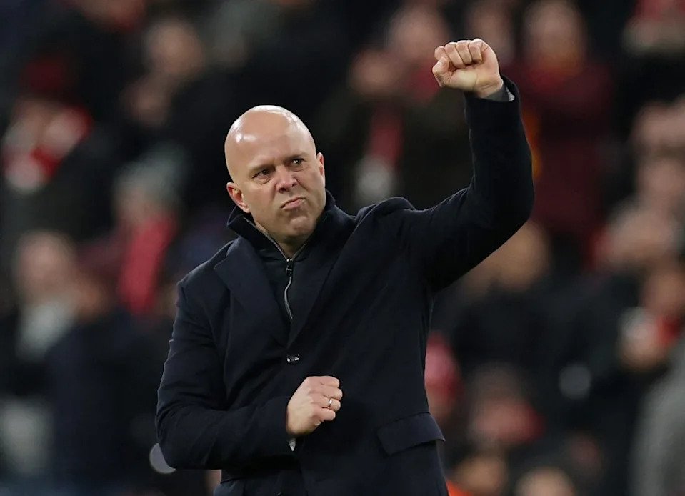 Arne Slot punches the air as he eased the pressure on his Liverpool job (REUTERS)