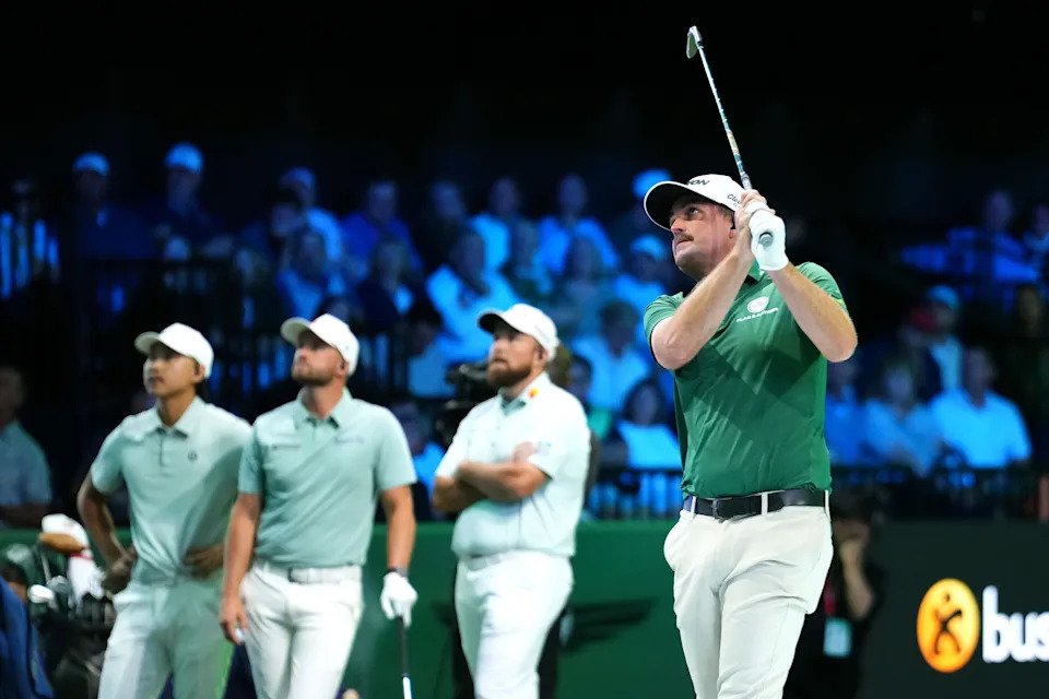 PALM BEACH GARDENS, FLORIDA - JANUARY 26: Keegan Bradley of Boston Common Golf plays a shot on the eighth hole against The Bay Golf Club at SoFi Center on January 26, 2026 in Palm Beach Gardens, Florida. (Photo by Rich Storry/TGL/TGL Golf via Getty Images)