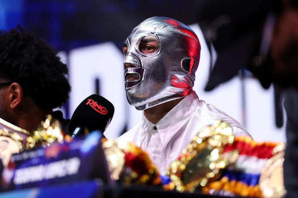 NEW YORK, NEW YORK - APRIL 30: Teofimo Lopez looks on during a press conference for the fight between Ryan Garcia and Rolando “Rolly” Romero at the Manhattan Center on April 30, 2025 in New York City.  (Photo by Cris Esqueda/Golden Boy/Getty Images)
