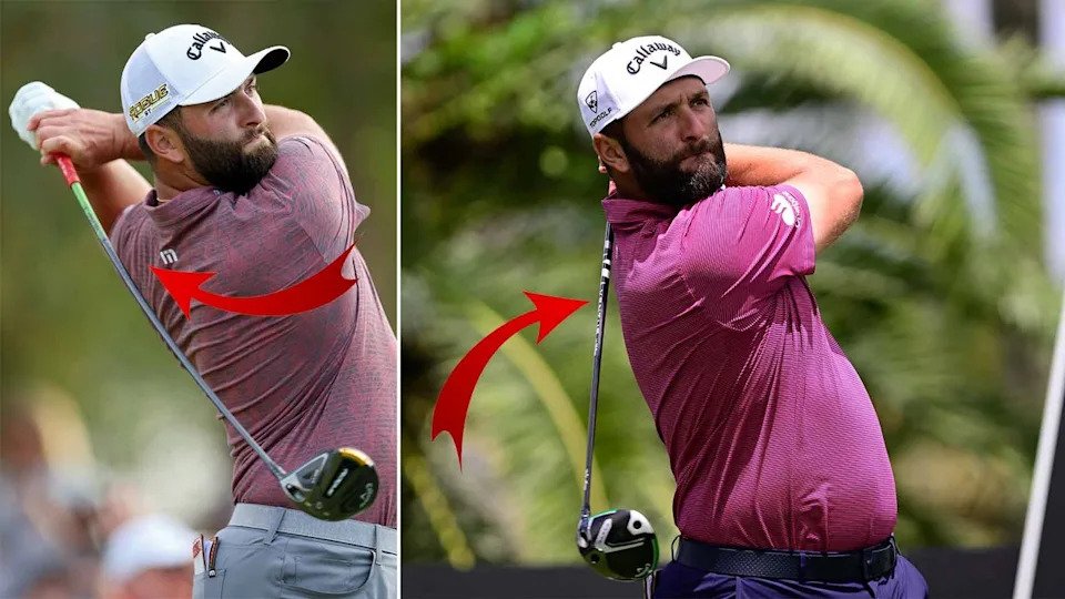 Jon Rahm using his old driver shaft in 2022 and his new one in 2024.
