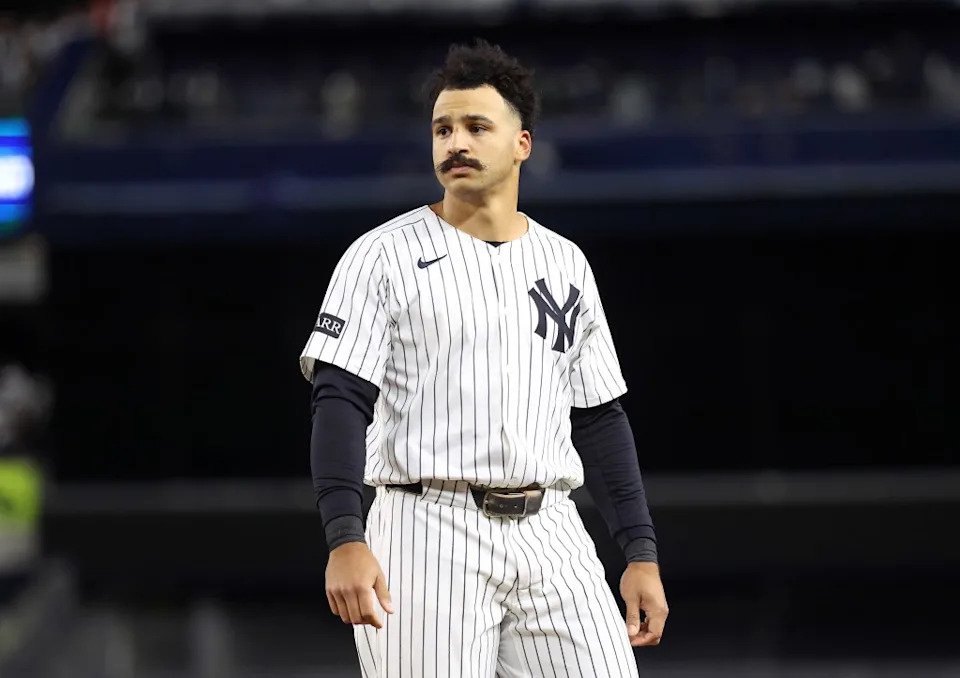 Yankees center fielder Trent Grisham reacts after he pops out ending the 7th inning. Charles Wenzelberg / New York Post
