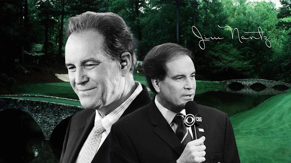 jim nantz stares into the distance in front of graphic at augusta national