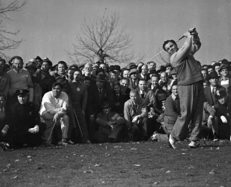 John Montague, Hollywood's mystery gift to golf, lets his face tell just how he feels after his club hits a crowding spectator on the sixth green at the Fresh Meadow Country Club, Flushing, Long Island, New York. On November 14, 1939 Montague was part of a four-ball charity match in which he was …
