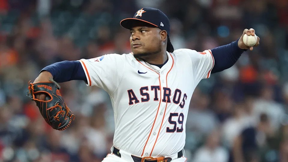 Houston Astros pitcher Framber Valdez (59) throws a pitch in the first inning against the Detroit Tigers in game one of the Wild Card round for the 2024 MLB Playoffs at Minute Maid Park.