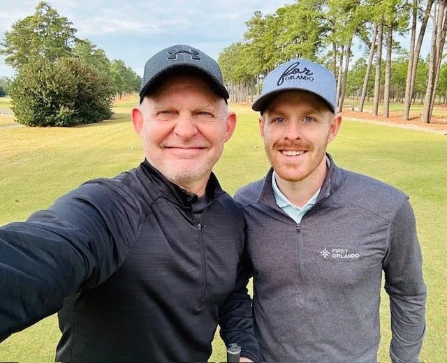 Kevin Adams, left, and his son Jonathan during a round at Pinehurst Resort in 2023.