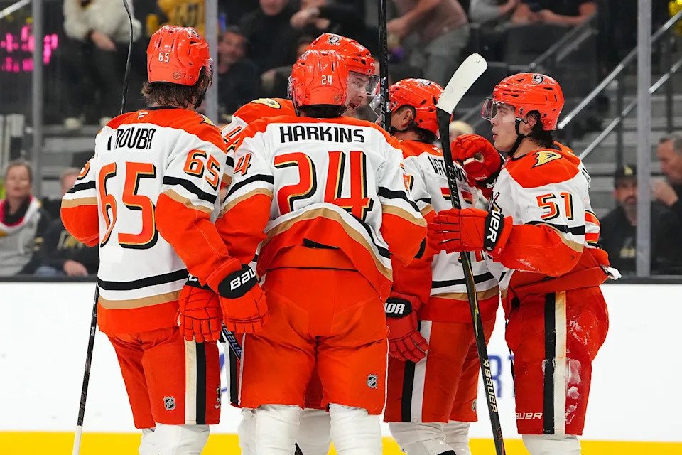 Nov 8, 2025; Las Vegas, Nevada, USA; Anaheim Ducks right wing Frank Vatrano (77) celebrates with team mates after scoring a goal against the Vegas Golden Knights during the first period at T-Mobile Arena. Mandatory Credit: Stephen R. Sylvanie-Imagn Images