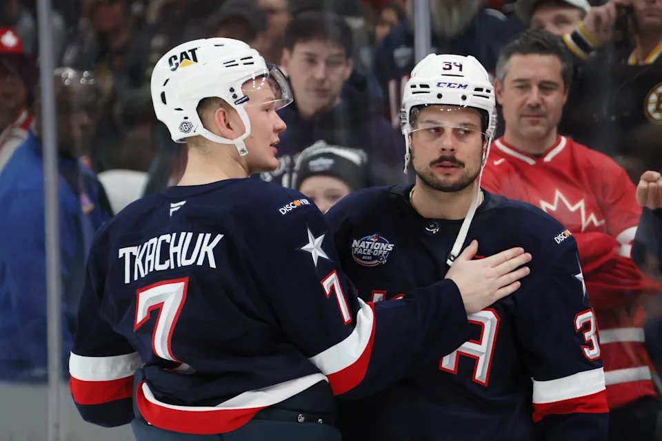 Brady Tkachuk and Auston Matthews of Team USA react following a loss to Team Canada in overtime in the NHL 4 Nations Face-Off Championship Game at TD Garden on Feb. 20, 2025 in Boston, Mass.