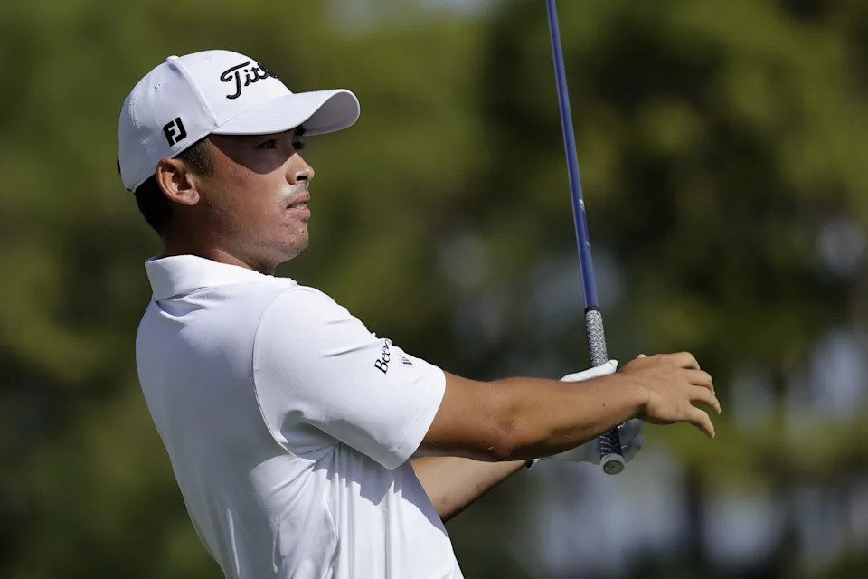 Feb 27, 2026; Palm Beach Gardens, Florida, USA; A.J. Ewart plays his shot from the 17th tee during the second round of the Cognizant Classic golf tournament. Mandatory Credit: Reinhold Matay-Imagn Images
