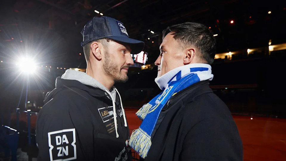 NOTTINGHAM, ENGLAND - FEBRUARY 17: Leigh Wood and Josh Warrington Face Off for the first time in fight week at The Motorpoint Arena ahead of their rematch on saturday night on February 17, 2026 in Nottingham, England. (Photo by Mark Robinson/Getty Images)