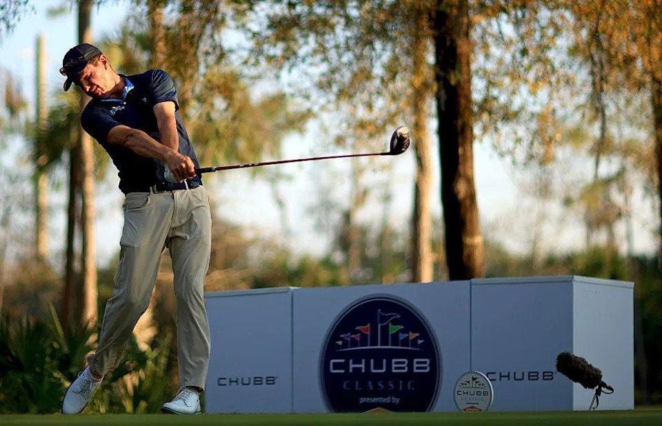 Michael Wright hits his tee shot on the 18th hole during the second round of the Chubb Classic 2026 at Tiburon Golf Club on February 14, 2026 in Naples, Florida.