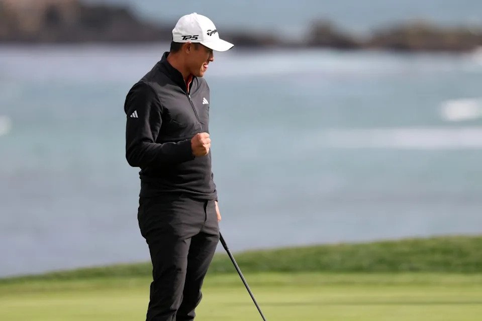 Collin Morikawa celebrates during his win at Pebble Beach on Feb. 15. Imagn Images