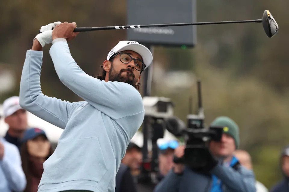 Feb 14, 2026; Pebble Beach, California, USA; Akshay Bhatia hits his tee shot on the third hole during the third round of the AT&T Pebble Beach Pro-Am golf tournament at Pebble Beach Golf Links. Mandatory Credit: Kiyoshi Mio-Imagn Images