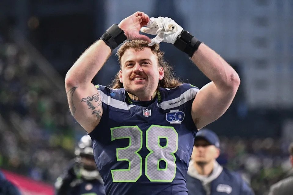 Brady Russell celebrates during the Seahawks’ NFC Championship win over the Rams. Getty Images