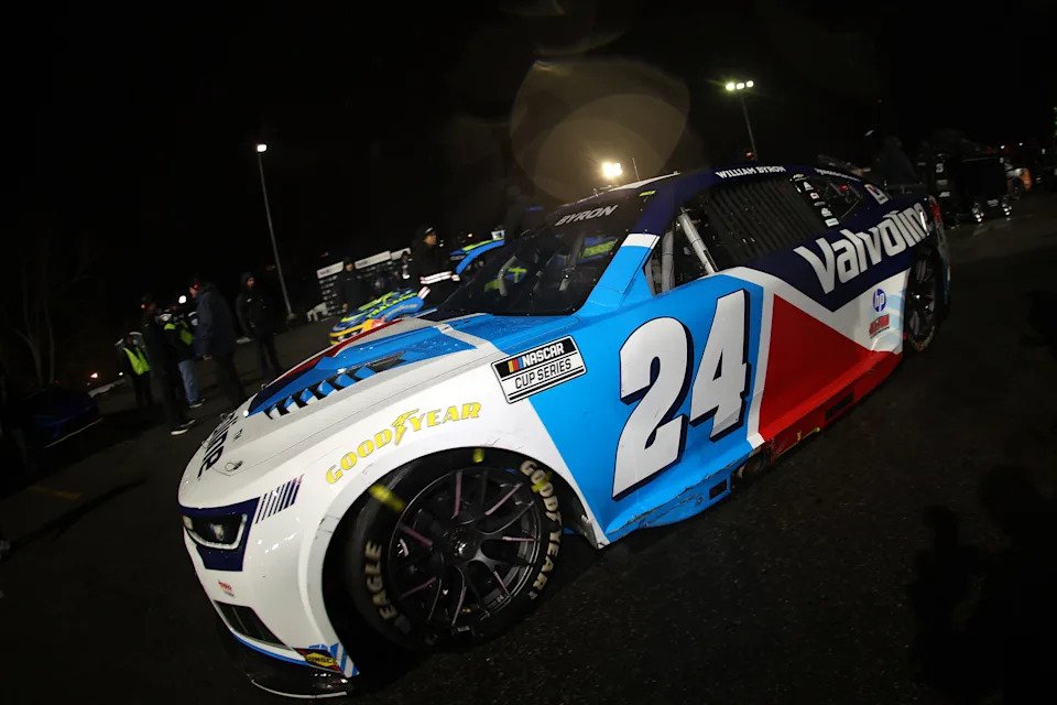 WINSTON SALEM, NORTH CAROLINA - FEBRUARY 04: William Byron, driver of the #24 Valvoline Chevrolet, exits the garage area after a weather delay break in the Cook Out Clash at Bowman Gray Stadium at Bowman Gray Stadium on February 04, 2026 in Winston Salem, North Carolina. (Photo by Jonathan Bachman/Getty Images)