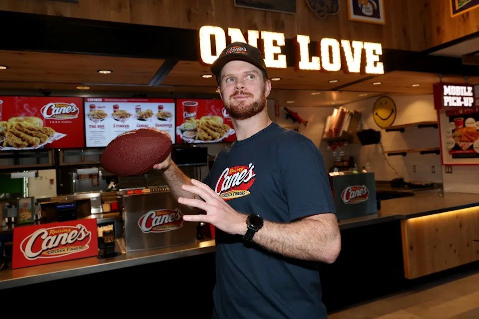 Seahawks quarterback Sam Darnold works a Celebratory Super Bowl “Shift” at Seattle’s First Raising Cane’s on Feb. 10, 2026 in Seattle. Getty Images for Raising Cane's