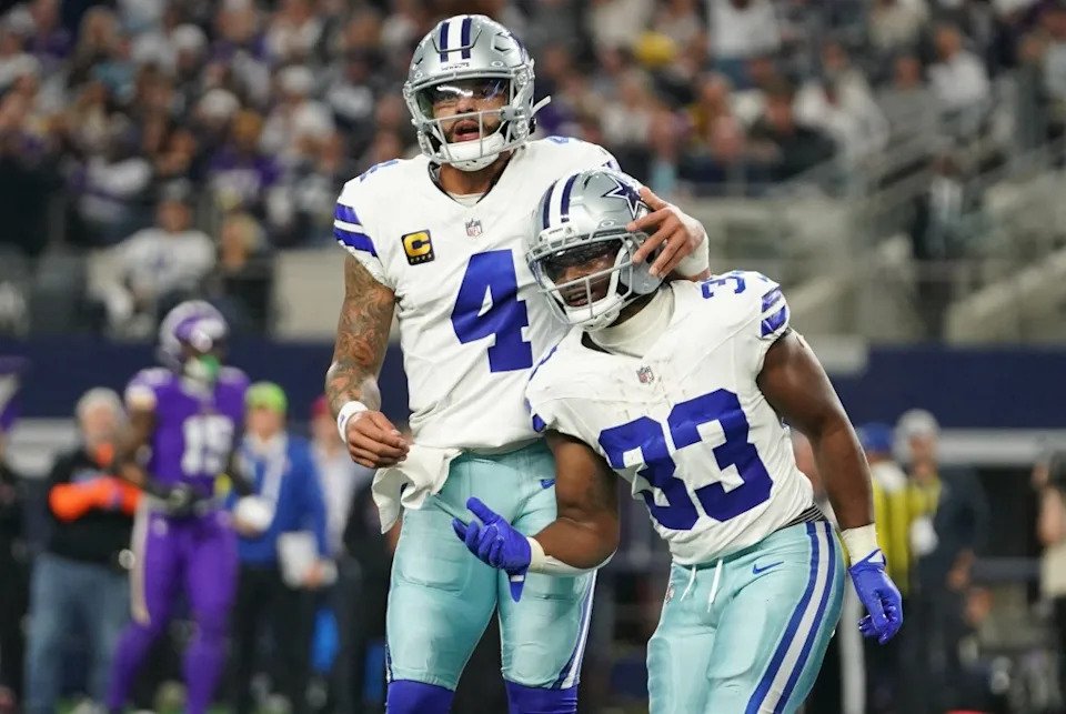 Dallas running back Javonte Williams (33) celebrates with quarterback Dak Prescott (4) after a touchdown during the Cowboys’ loss to the Vikings on Dec. 14, 2026. IMAGN IMAGES via Reuters Connect