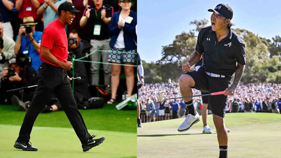 Tiger Woods celebrates the 2019 Masters. Anthony Kim celebrates LIV Golf Adelaide
