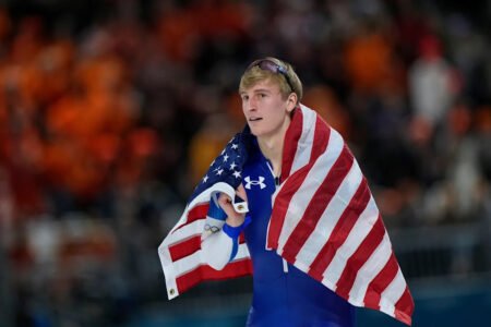 Jordan Stolz seeks his 2nd speedskating gold of the Olympics in the 500 meters