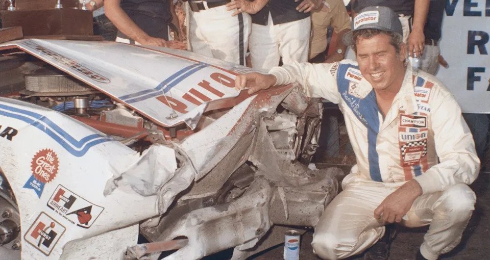 David Pearson celebrates in Victory Lane after winning the 1976 Winston Cup Daytona 500 at Daytona International Speedway on Feb. 15, 1976 in Daytona Beach, Florida.