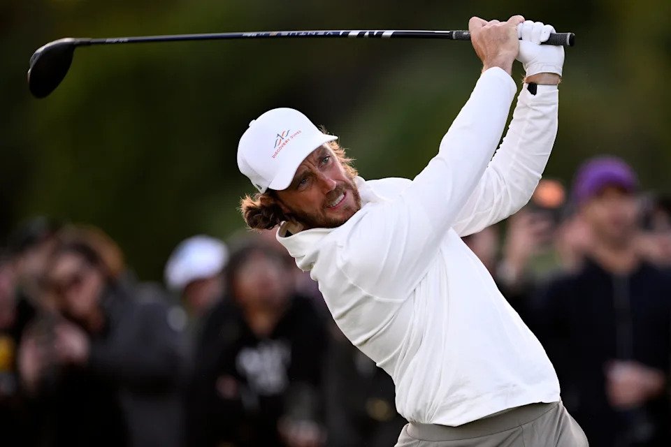 Tommy Fleetwood of England plays his shot from the 18th tee during the second round of The Genesis Invitational 2026 at Riviera Country Club on February 20, 2026 in Pacific Palisades, California.