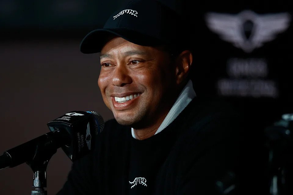 Tiger Woods speaks with the media prior to the 2024 Genesis Invitational at Riviera Country Club in Pacific Palisades, California.