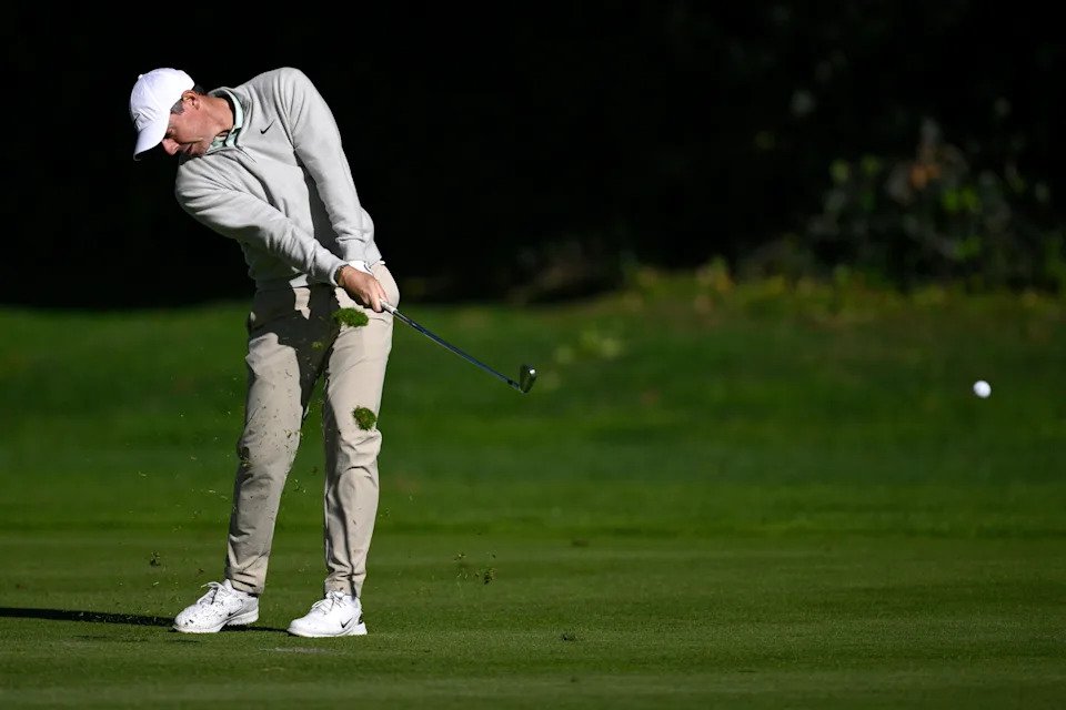 Rory McIlroy plays a shot on the 12th hole during the second round of The Genesis Invitational.
