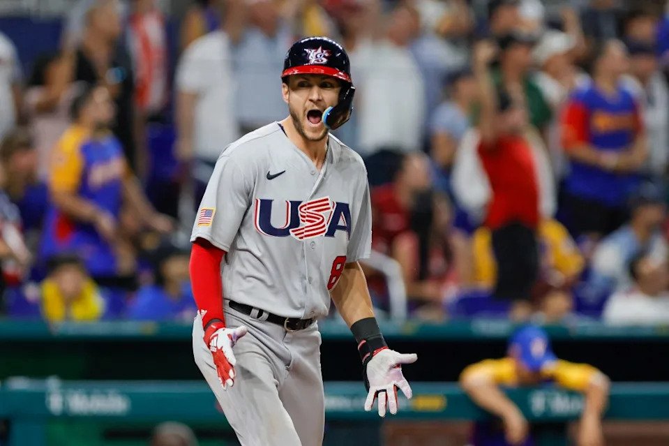 Trea Turner celebrates after hitting a grand slam during a March 2023 game in the World Baseball Classic. USA TODAY Sports
