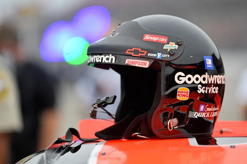 he helmet worn by NASCAR Cup Series owner and former driver Richard Childress sits atop the last race winning car of the late Dale Earnhardt prior to the 1000Bulbs.com 500 at Talladega Superspeedway.