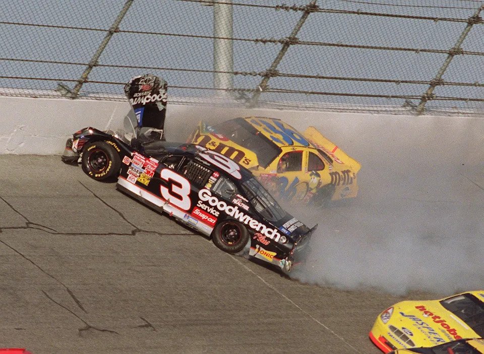 Dale Earnhardt's car careened up the track in Turn 4 and made contact with Ken Schrader's car before hitting the wall at a deadly speed and angle.