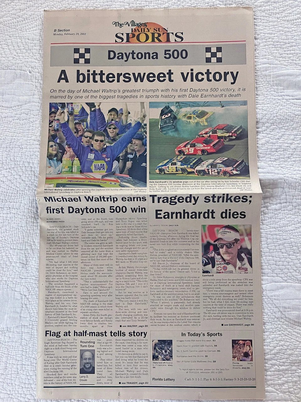 The front page of The Villages Daily Sun from Monday, Feb. 19, 2001, the day after Dale Earnhardt died.