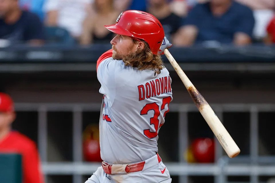 Brendan Donovan swings during the Cardinals’ June 17 game. Getty Images