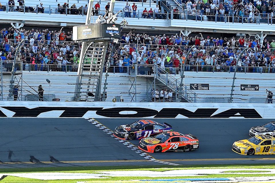 Denny Hamlin wins over Martin Truex Jr. in the 2016 Daytona 500. Mandatory Credit&colon; Jasen Vinlove-Imagn Images