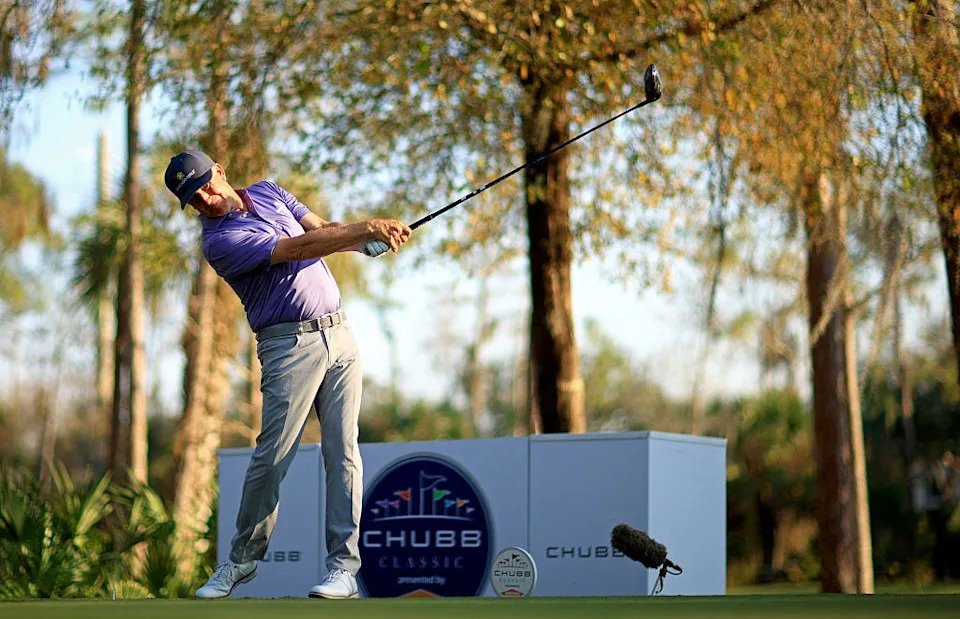 David Toms hits his tee shot on the 18th hole during the second round of the Chubb Classic 2026 at Tiburon Golf Club on February 14, 2026 in Naples, Florida.