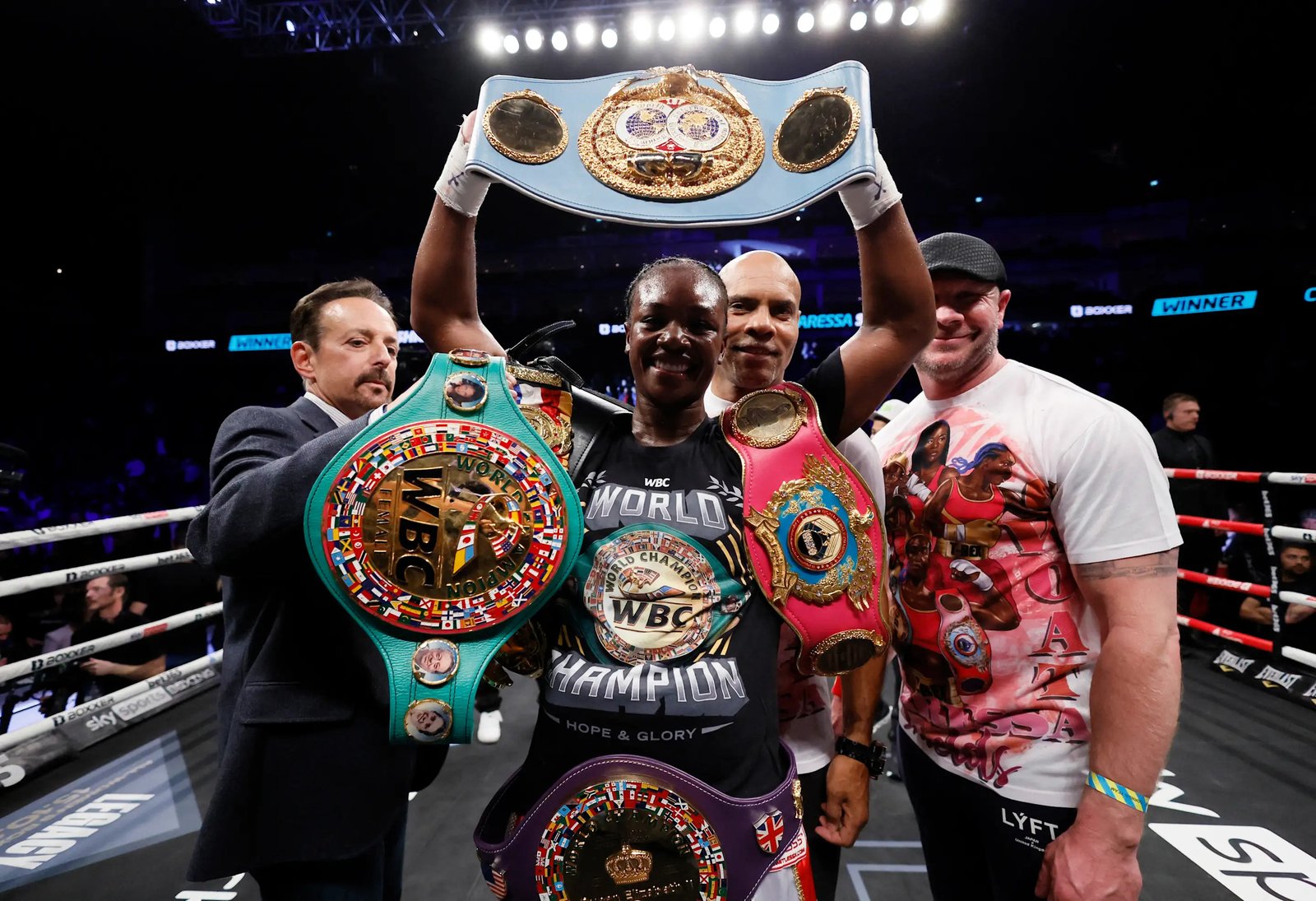 Boxing - Claressa Shields v Savannah Marshall - IBF, WBA, WBC & WBO World Middleweight Titles - O2 Arena, London, Britain - October 15, 2022 Claressa Shields celebrates winning her fight against Savannah Marshall Action Images via Reuters/Andrew Couldridge