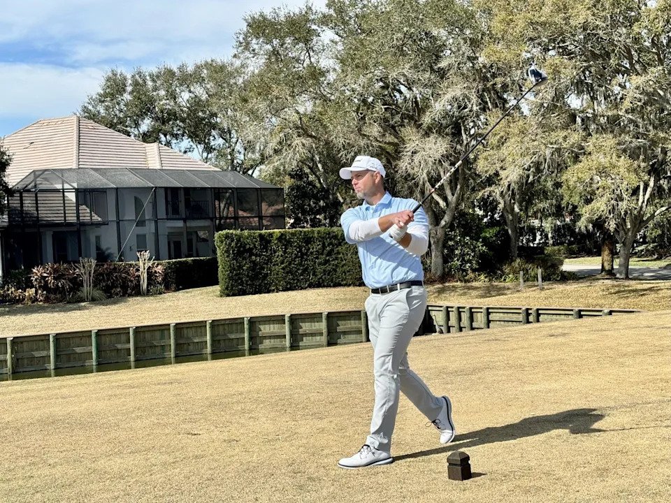Chase Baldwin of the Amateur Underwood Cup team hits his tee shot at No. 1 at the Plantation at Ponte Vedra Beach on Feb. 3.