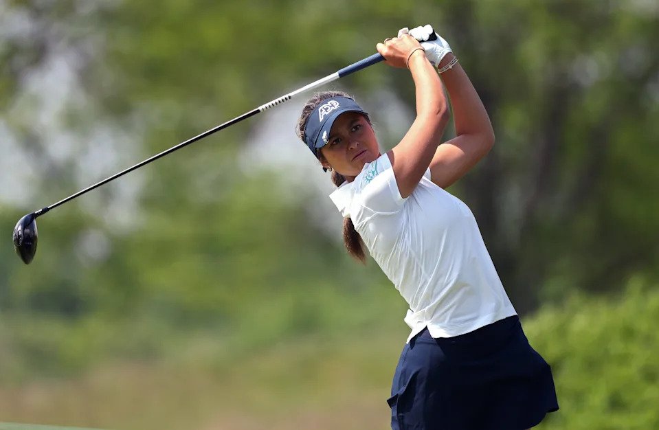 Yana Wilson of the United States plays her shot from the 13th tee during the first round of the Mizuho Americas Open 2025 at Liberty National Golf Club on May 08, 2025 in Jersey City, New Jersey.
