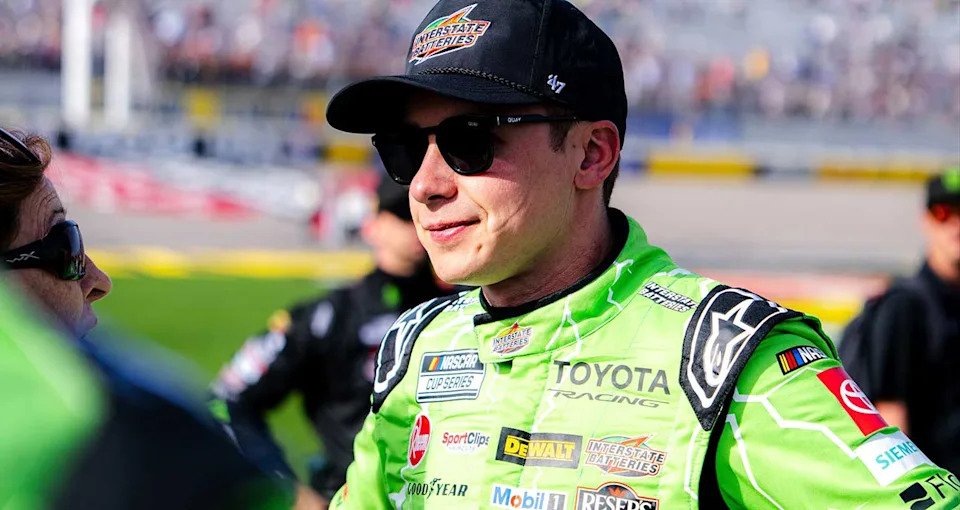 Christopher Bell looks on during post-race interviews at Las Vegas Motor Speedway
