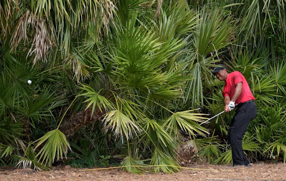 Tiger Woods hits from the rough on the right of the par-5 second hole at the Players Stadium Course at TPC Sawgrass during the final round of the 2018 Players Championship.
