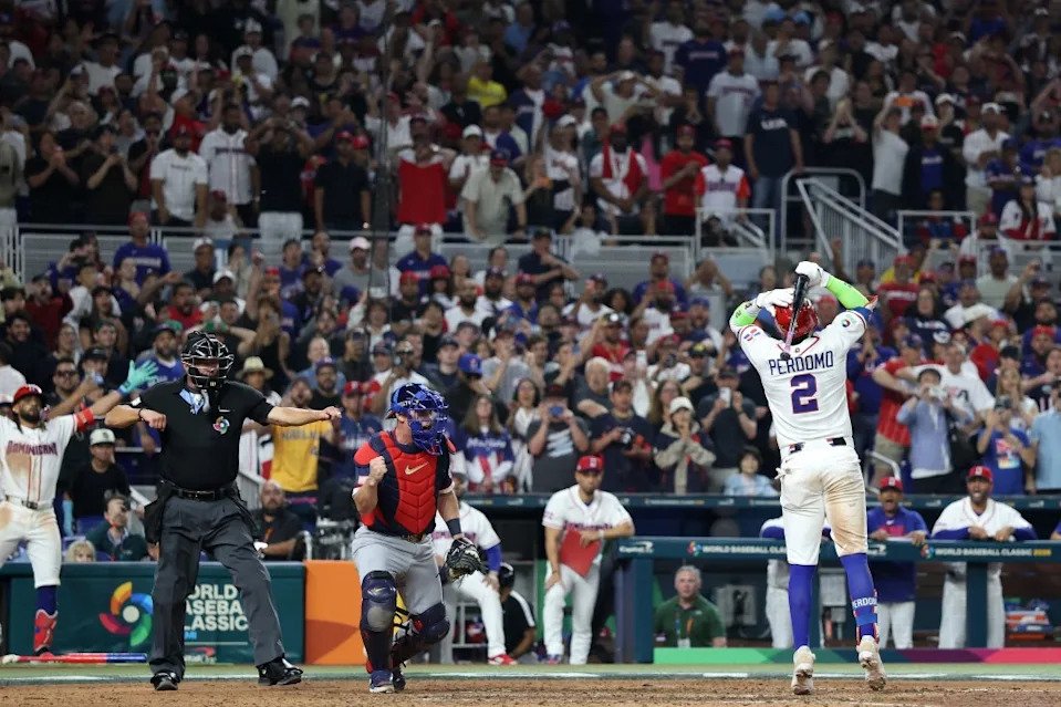 Geraldo Perdomo #2 of Team Dominican Republic strikes out looking to end the game against Team United States at loanDepot park on March 15, 2026. Getty Images