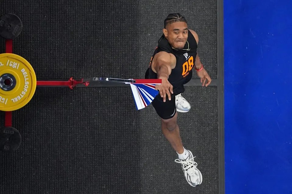 Arkansas quarterback Taylen Green goes through drills and testing at the NFL football scouting combine in Indianapolis on Feb. 28, 2026. AP