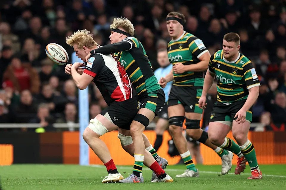 Henry Pollock of Saints and Hugh Tizard of Saracens battle for possession (Getty)