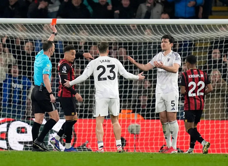 Maguire was given a straight red for bringing down Evanilson in the box and denying a goalscoring opportunity (PA)