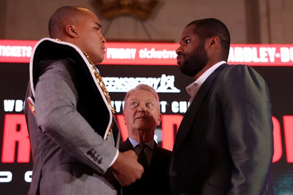 Fabio Wardley (left) and Daniel Dubois face off ahead of their fight, with Frank Warren watching on (Getty)