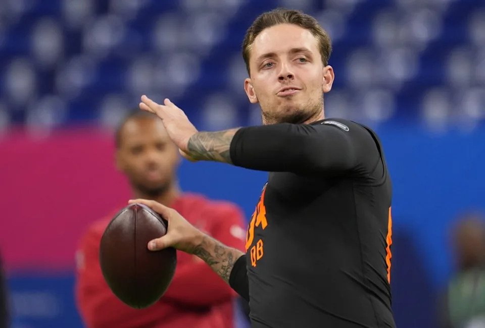 Miami quarterback Carson Beck throws a pass during an NFL Combine workout on Feb. 28, 2026. AP