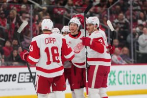 Gibson and Talbot combine to make 31 saves in the Red Wings’ 3-0 win over the Devils