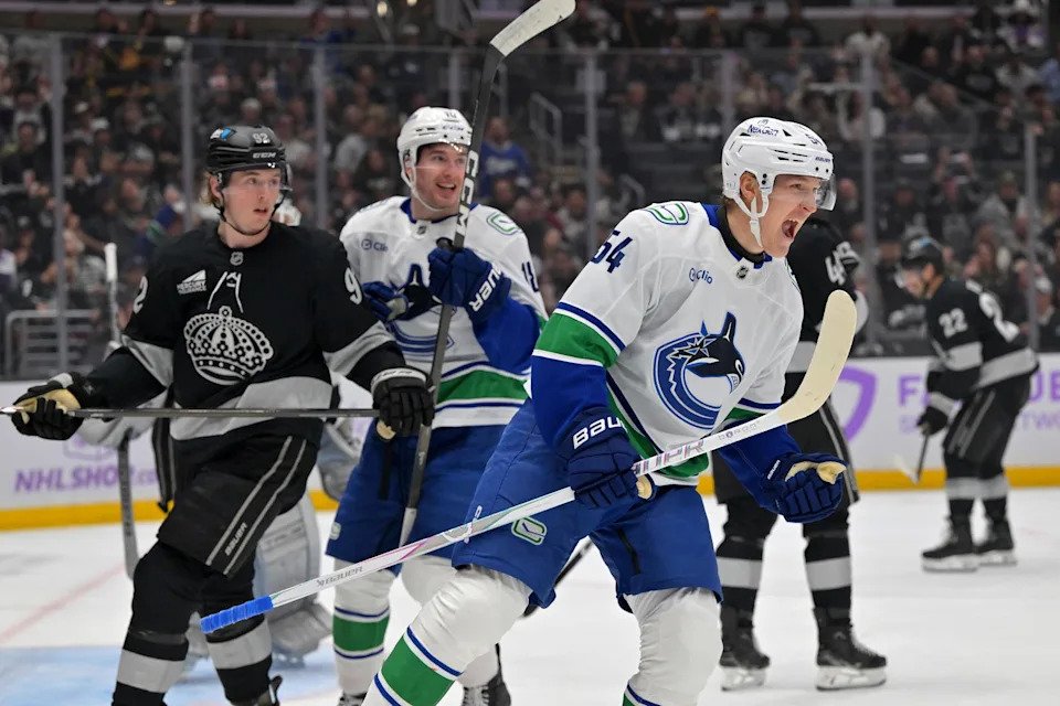 Nov 29, 2025; Los Angeles, California, USA; Vancouver Canucks center Aatu Raty (54) celebrates a goal that was called back for offsides during the first period against the Los Angeles Kings at Crypto.com Arena. Mandatory Credit: Jayne Kamin-Oncea-Imagn Images