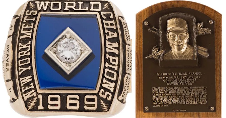 Tom Seavers’s 1969 World Series ring; 1992 Baseball Hall of Fame Induction Plaque presented to Tom Seaver. Heritage Auctions