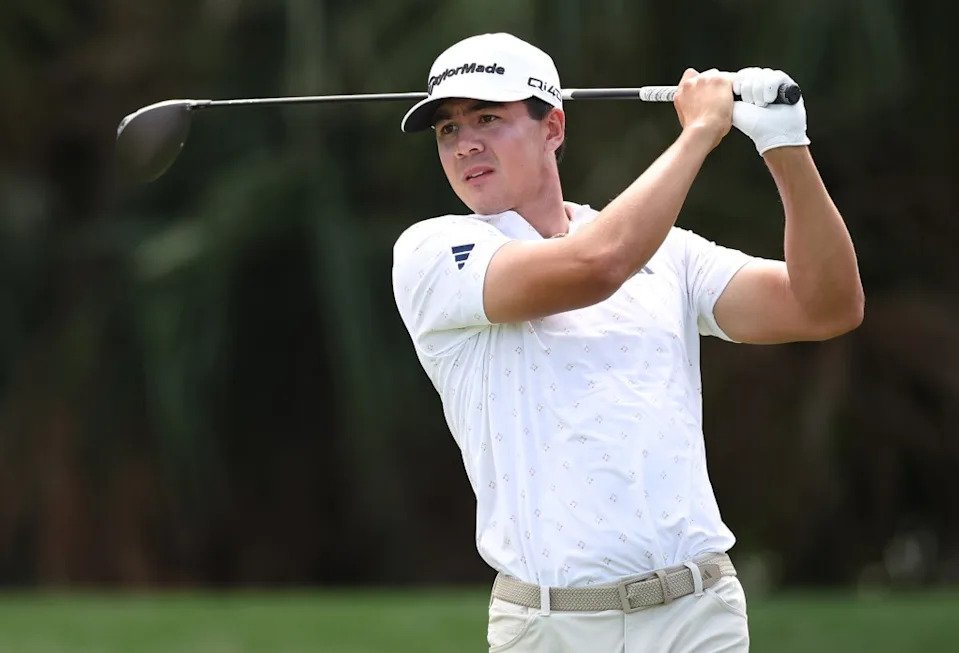 Michael Thorbjornsen, hitting a tee shot, is in second place heading into the final round of the Players Championship. Getty Images